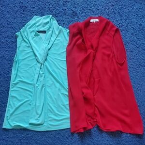 Bundle Of 2 Women's Sleeveless Blouses - Aqua and Red With Tie Accent Size M